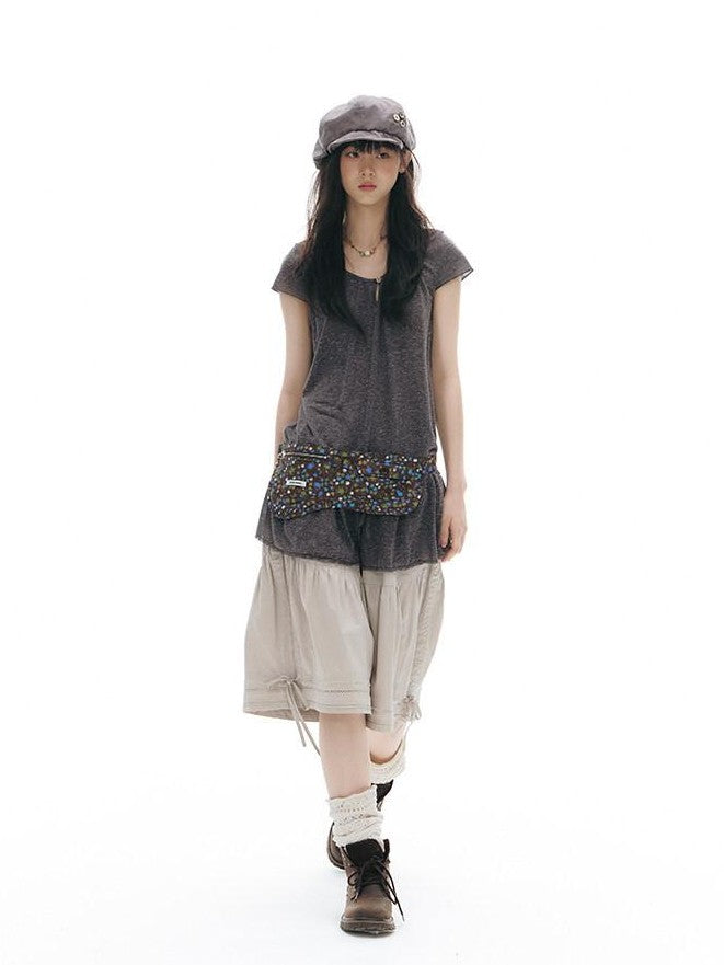 NAPSNAPS Two Piece Illusion Patchwork Frayed Hem Sheer Tie Women&