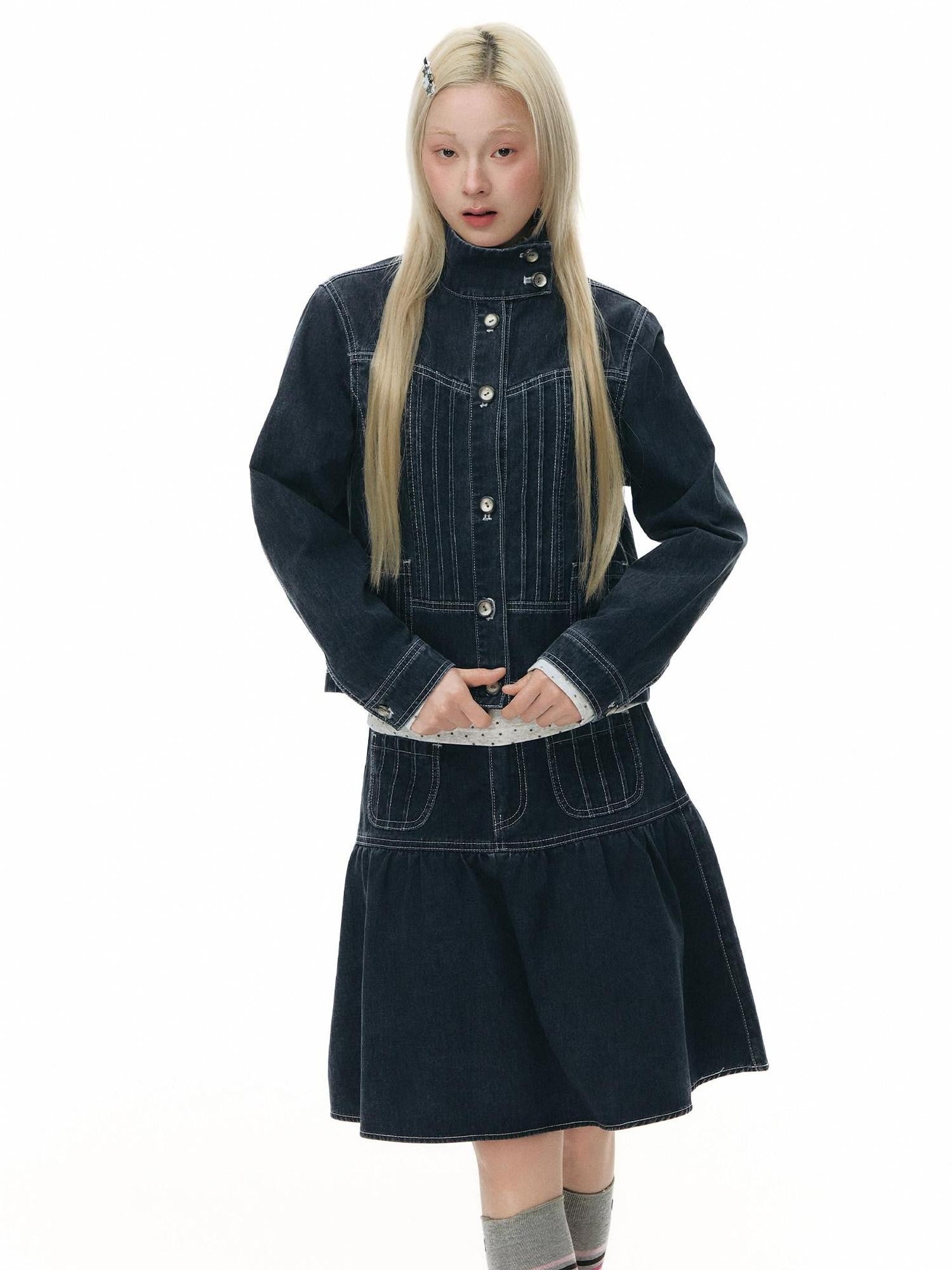 NAPSNAPS Vintage Blue Pocket Split Pleated Women&