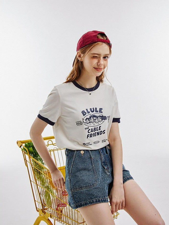 NAPSNAPS Vintage Cartoon Text Print Slim Crop Women&