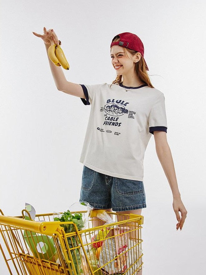 NAPSNAPS Vintage Cartoon Text Print Slim Crop Women&