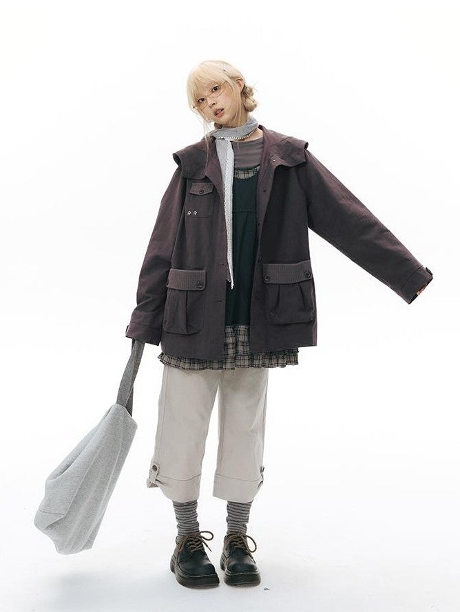 NAPSNAPS Vintage Hooded Patchwork Pocket Straight Women&