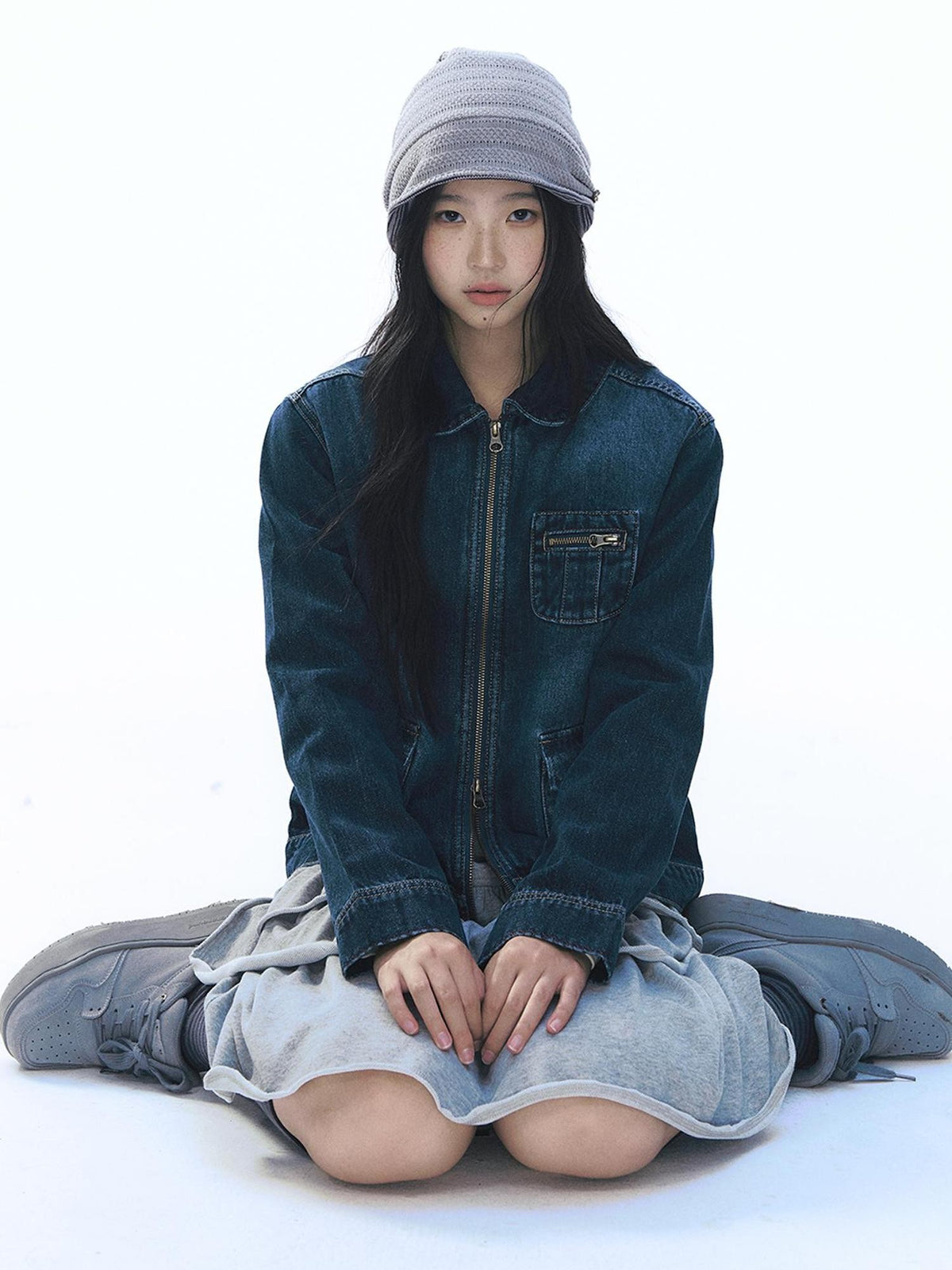 NAPSNAPS Vintage Peter Pan Collar Denim Zip Up Multi Pocket Women&