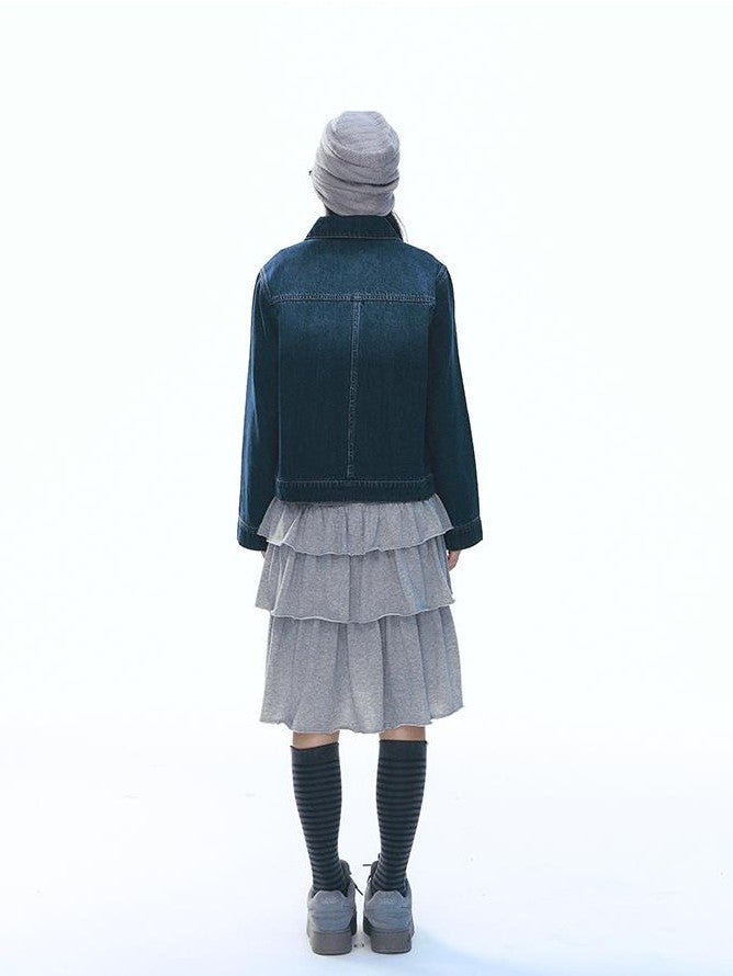 NAPSNAPS Vintage Peter Pan Collar Denim Zip Up Multi Pocket Women&