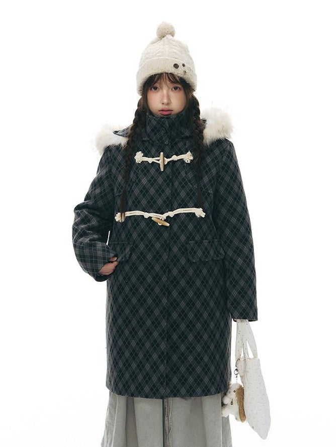 NAPSNAPS Vintage Plaid Detachable Fur Hood Toggle Women&