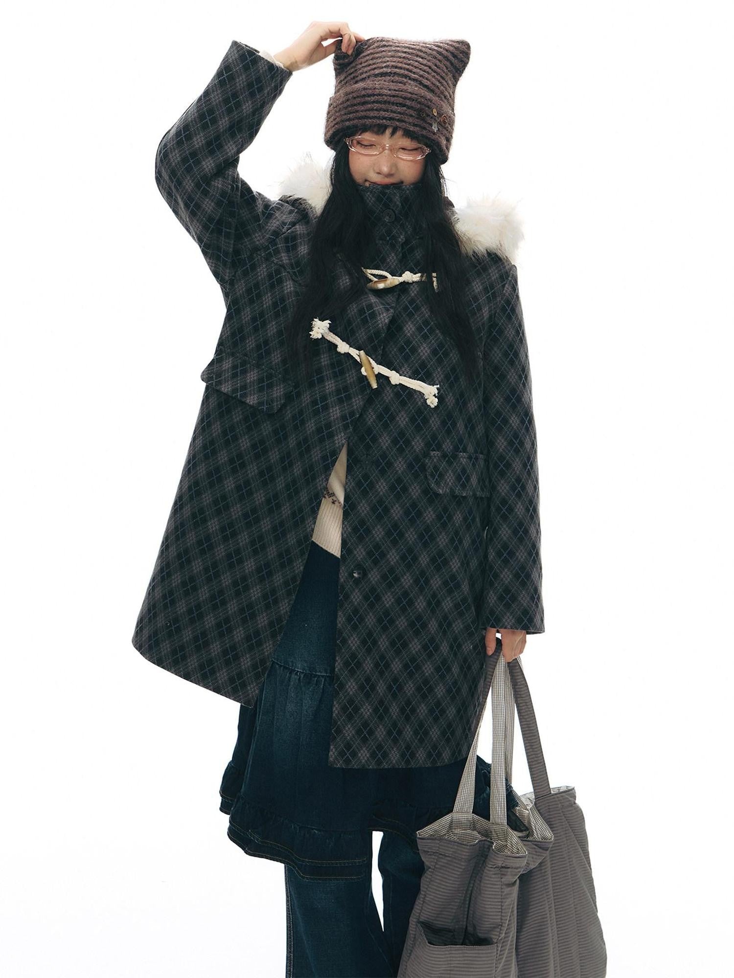 NAPSNAPS Vintage Plaid Detachable Fur Hood Toggle Women&
