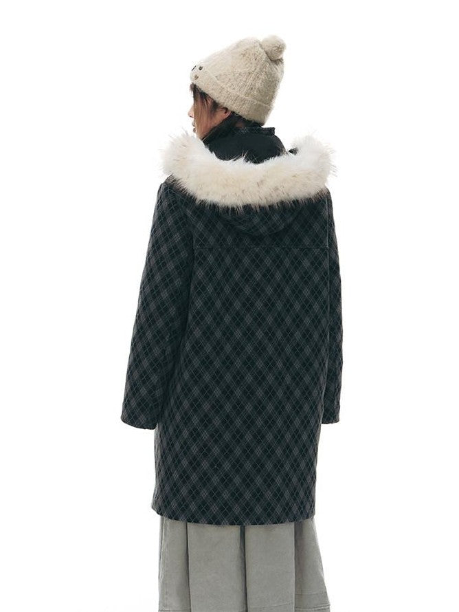 NAPSNAPS Vintage Plaid Detachable Fur Hood Toggle Women&