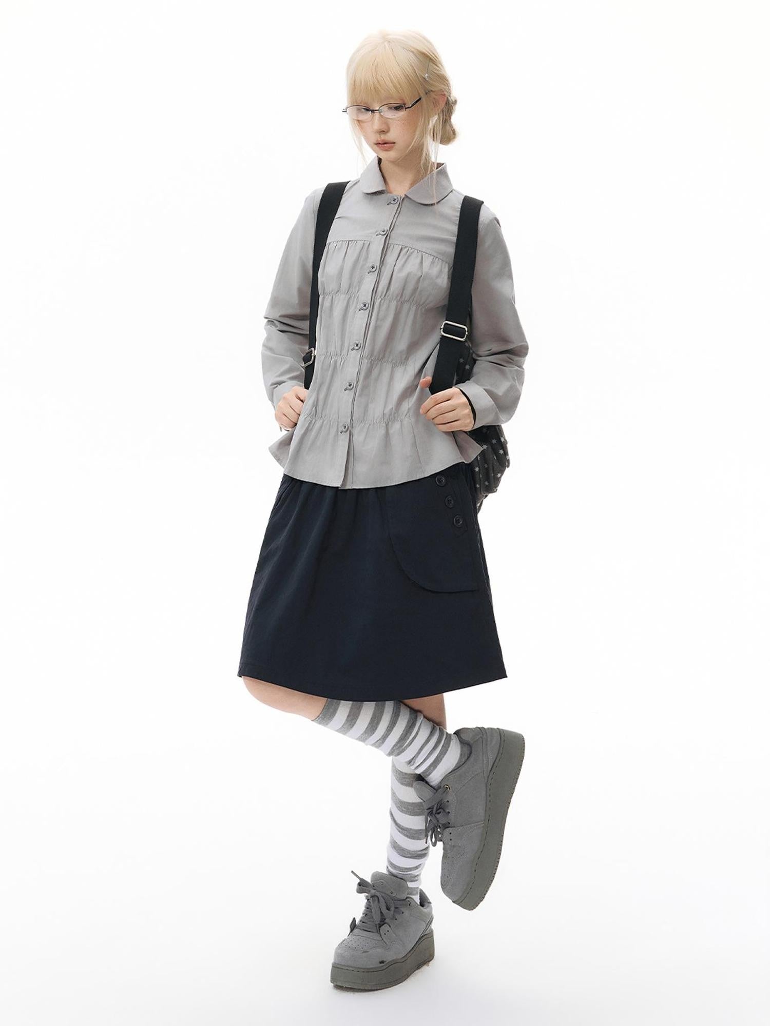 NAPSNAPS Vintage Plaid Doll Collar Pleated Cinched Waist Women&