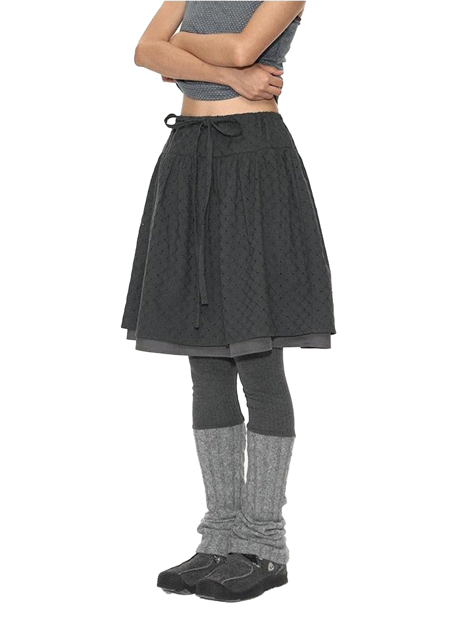 NAPSNAPS Vintage Plaid Double Layer High Waist Tie Women&
