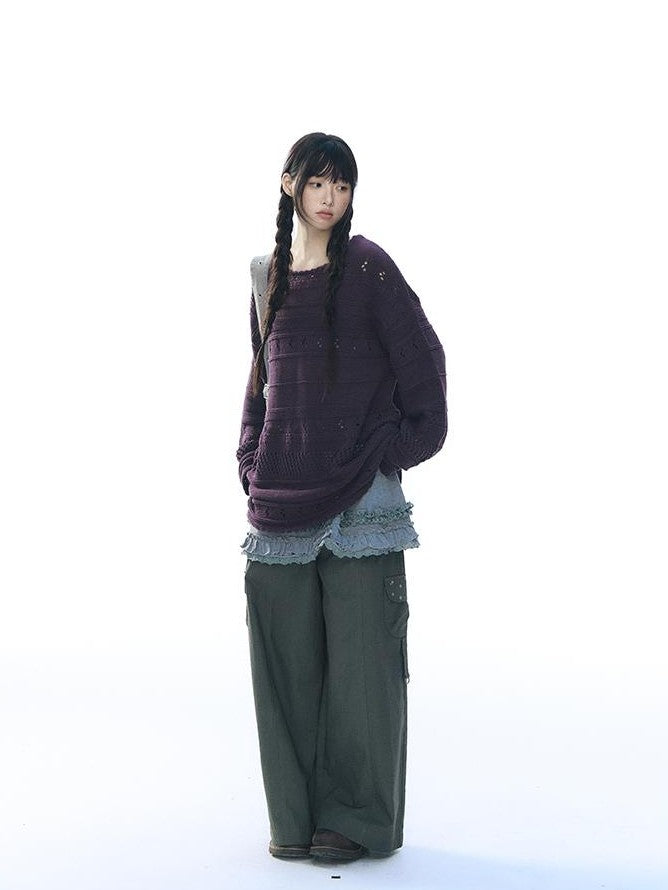NAPSNAPS Vintage Scallop Hem Openwork Round Neck Loose Women&