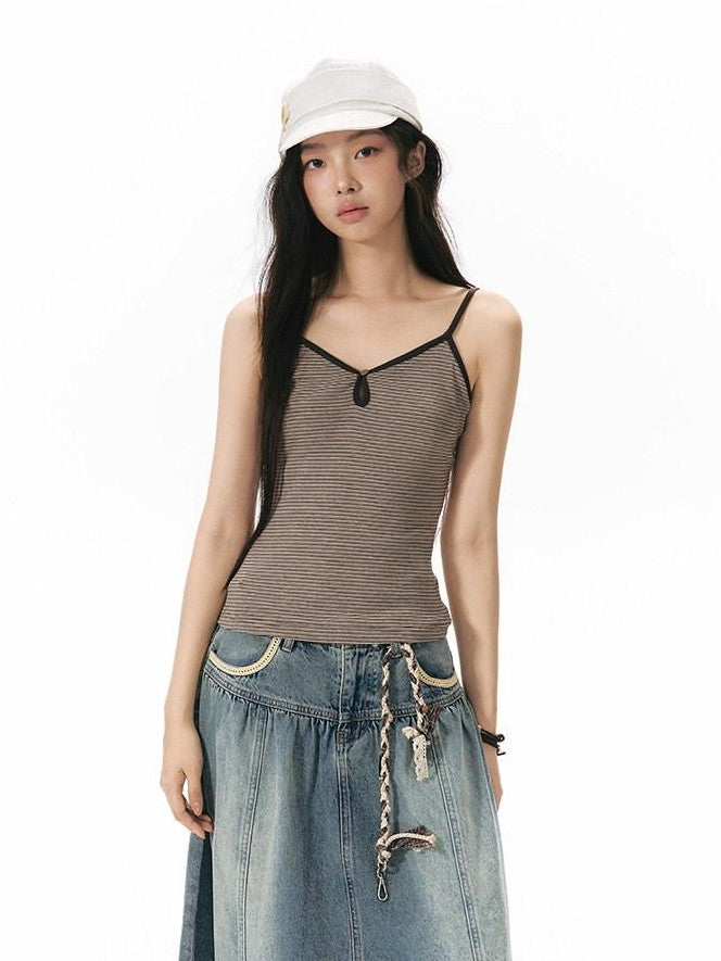 NAPSNAPS Vintage Striped V-neck Slim Fit Stretch Knit Women&
