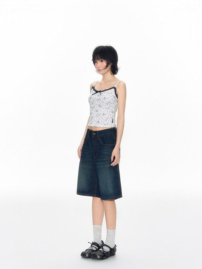 NAPSNAPS Washed Blue Bow Print Wide Leg Zipper Fly Pockets Women&