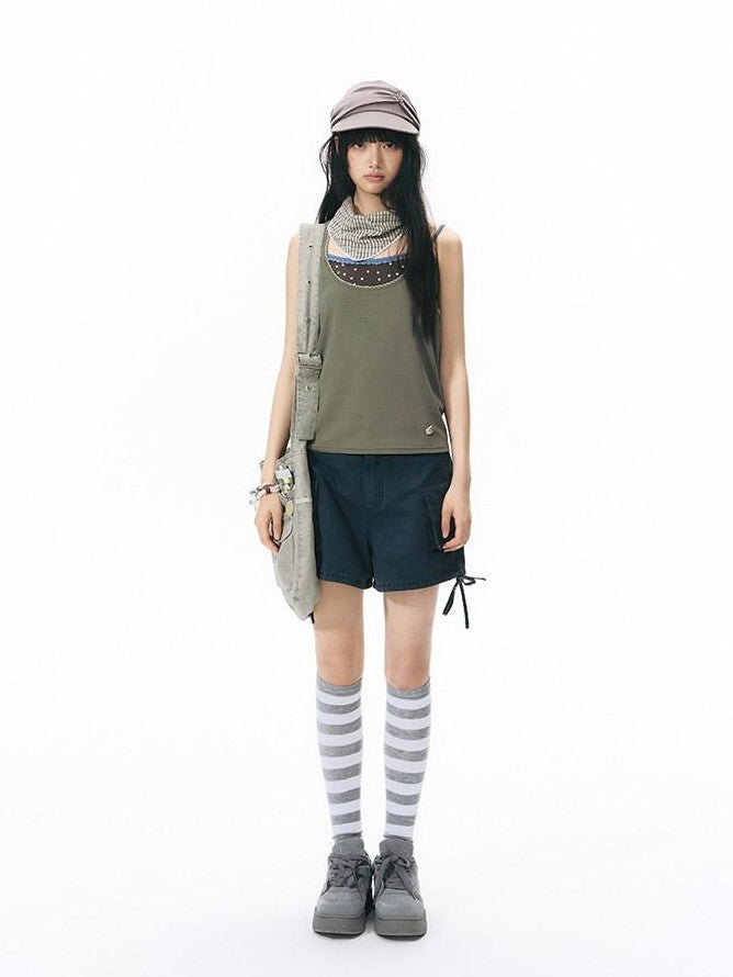 NAPSNAPS Washed Denim 3d Pocket Drawstring Low Waist Straight Women&