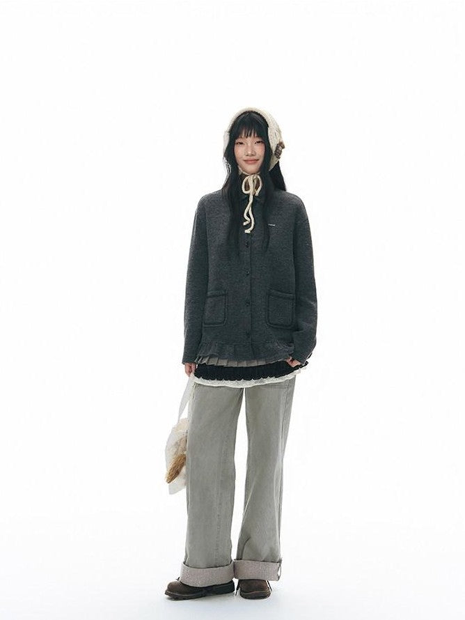 NAPSNAPS Washed Panel Rolled Cuff Button Knitted Hem Women&