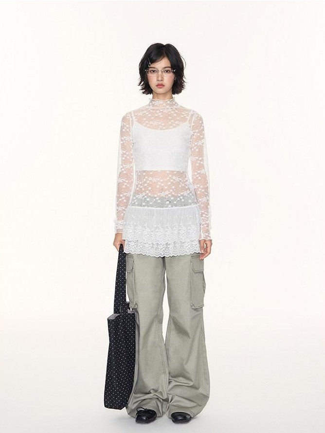 NAPSNAPS White Lace Spliced Stand Collar Slim Women&