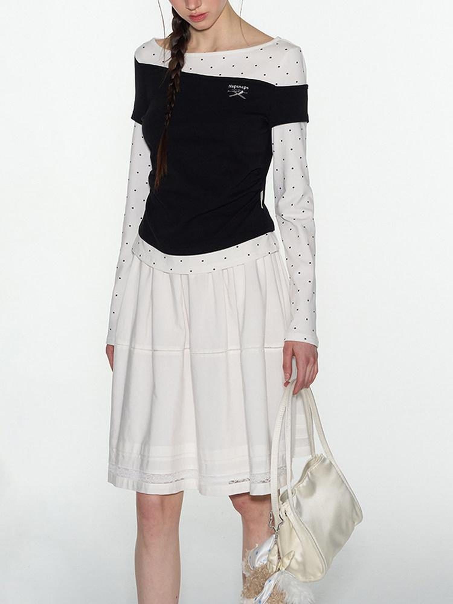 NAPSNAPS White Tiered Pleated Lace Panel Elastic Waist Women&