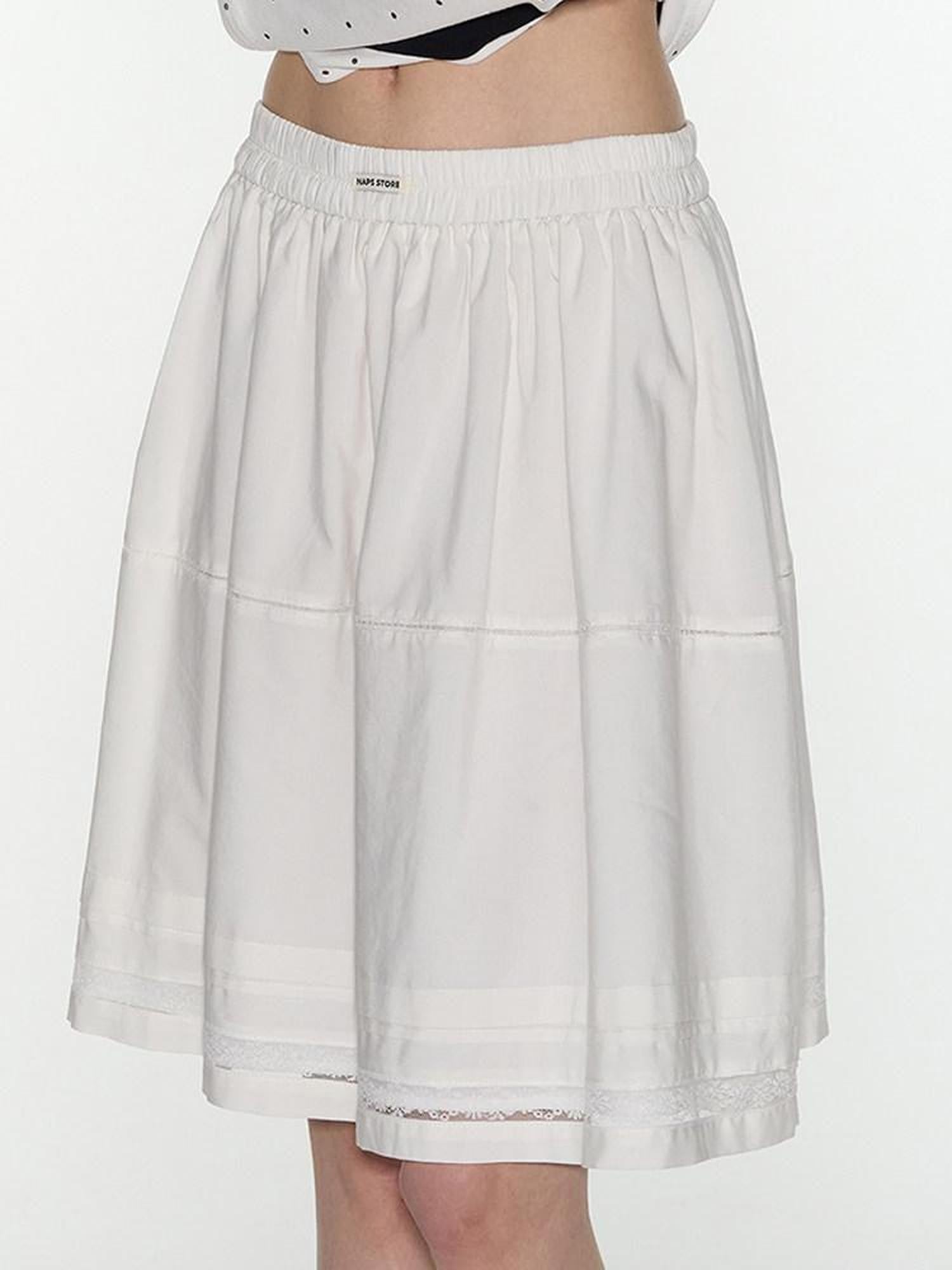 NAPSNAPS White Tiered Pleated Lace Panel Elastic Waist Women&