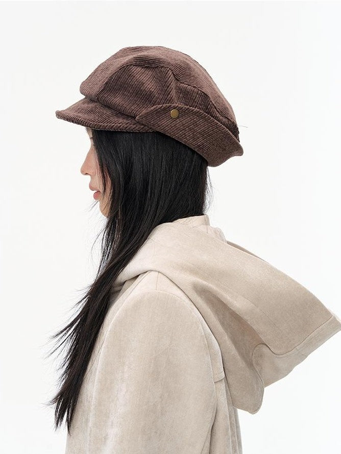 NAPSNAPS Wide Brim Folded Corduroy Retro Flat Top Women&