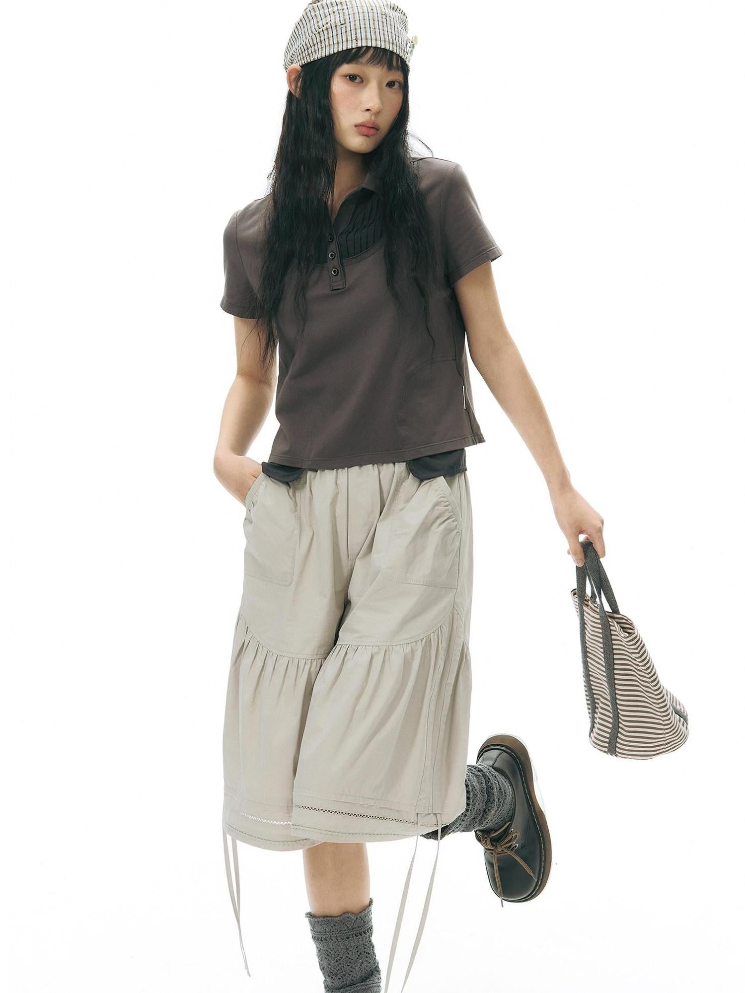 NAPSNAPS Wide Leg Lace Trim Patchwork Elastic Waist Women&