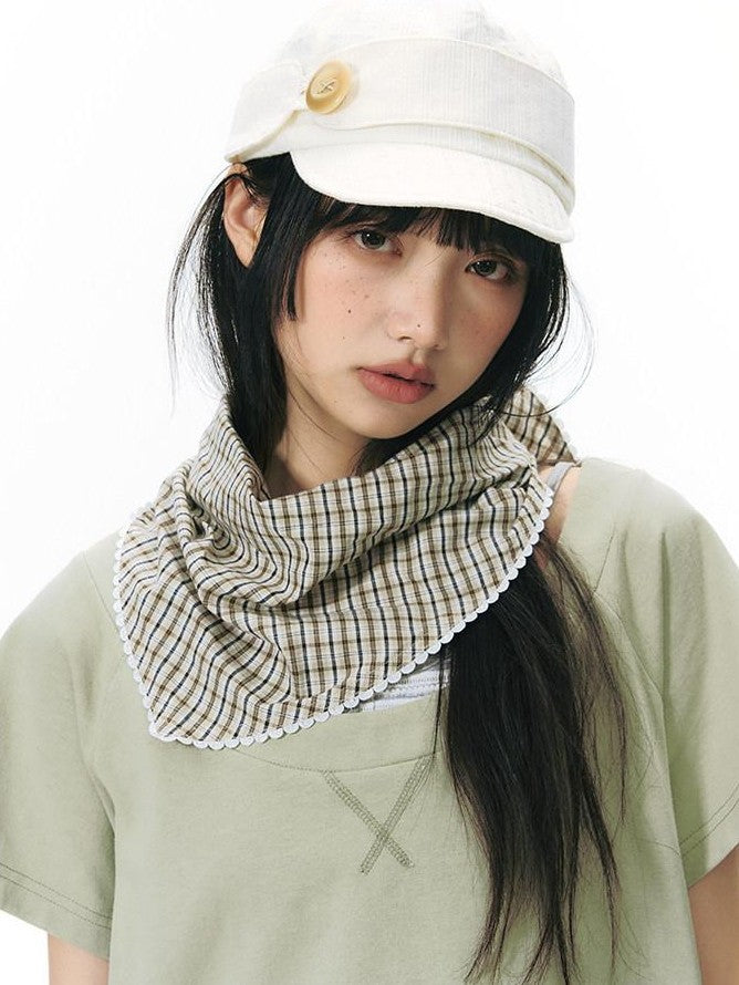 NAPSNAPS Yellow Brown Plaid Lace Trim Patchwork Square Women&