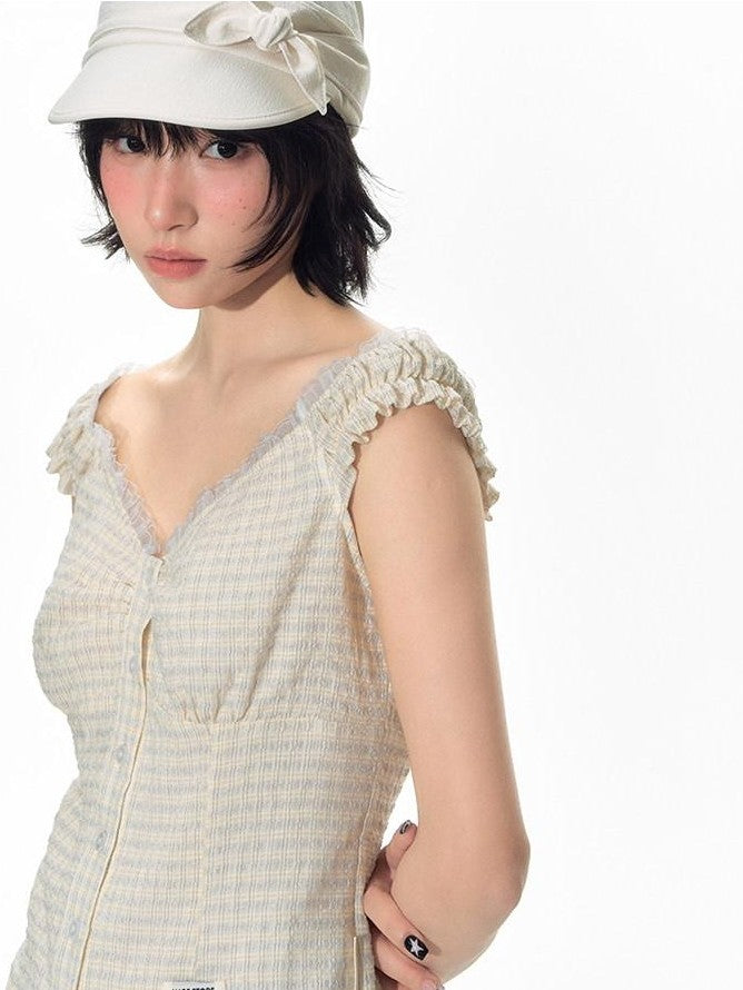 NAPSNAPS Yellow Plaid Lace Spliced One Shoulder Women&