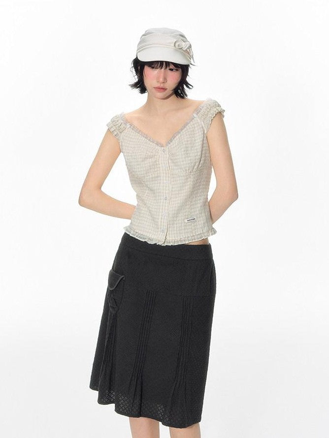 NAPSNAPS Yellow Plaid Lace Spliced One Shoulder Women&