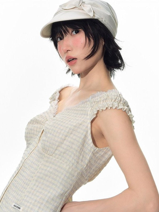 NAPSNAPS Yellow Plaid Lace Spliced One Shoulder Women&