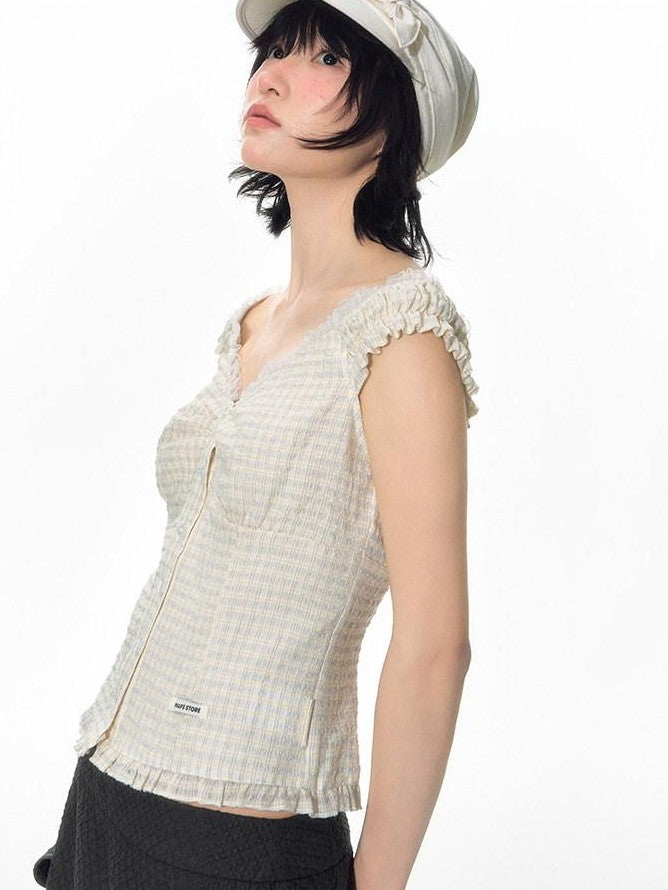 NAPSNAPS Yellow Plaid Lace Spliced One Shoulder Women&