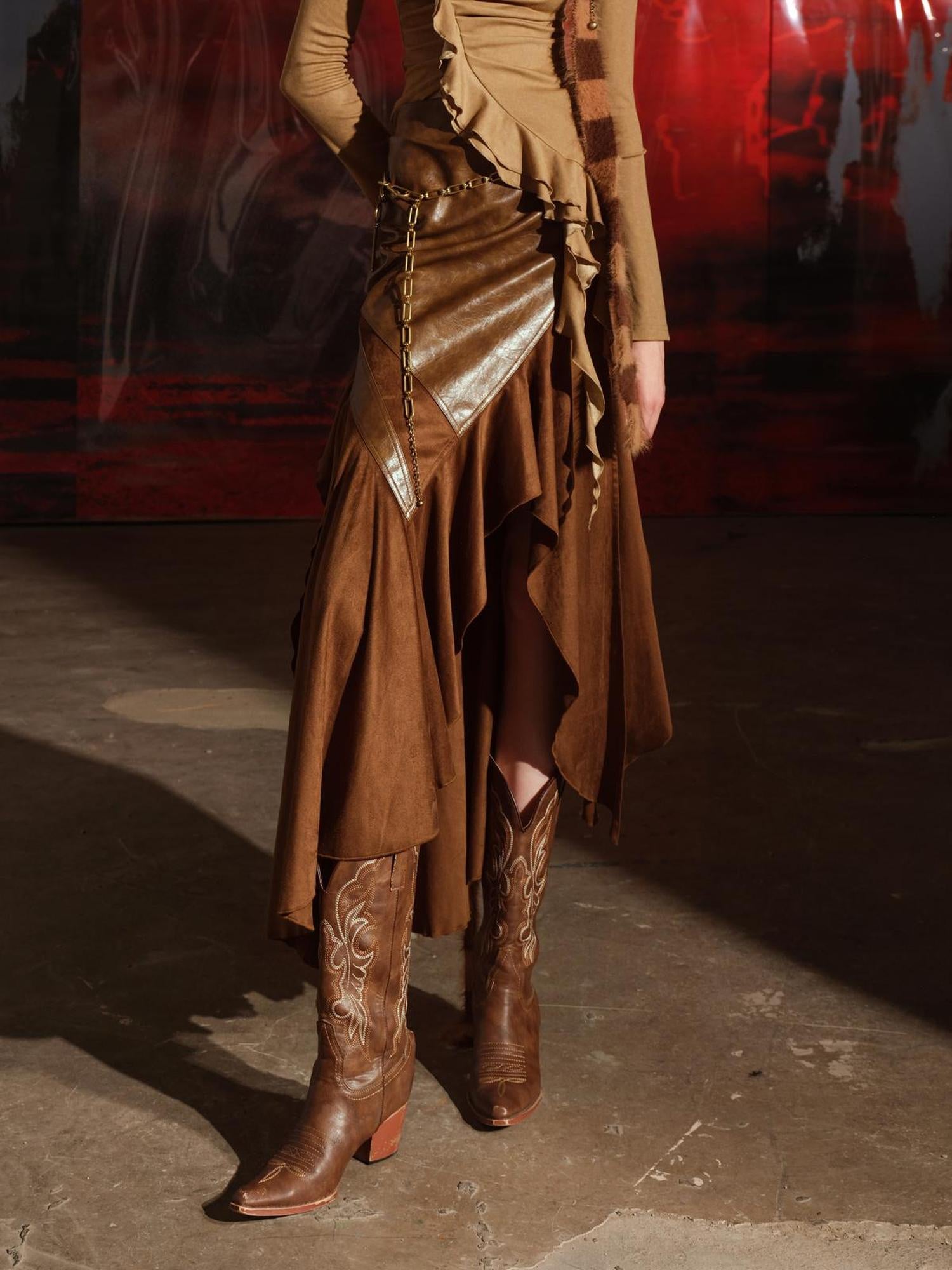 UpdateNN NORTH NODE Adonis Fish Irregular Patchwork Suede Midi Skirt