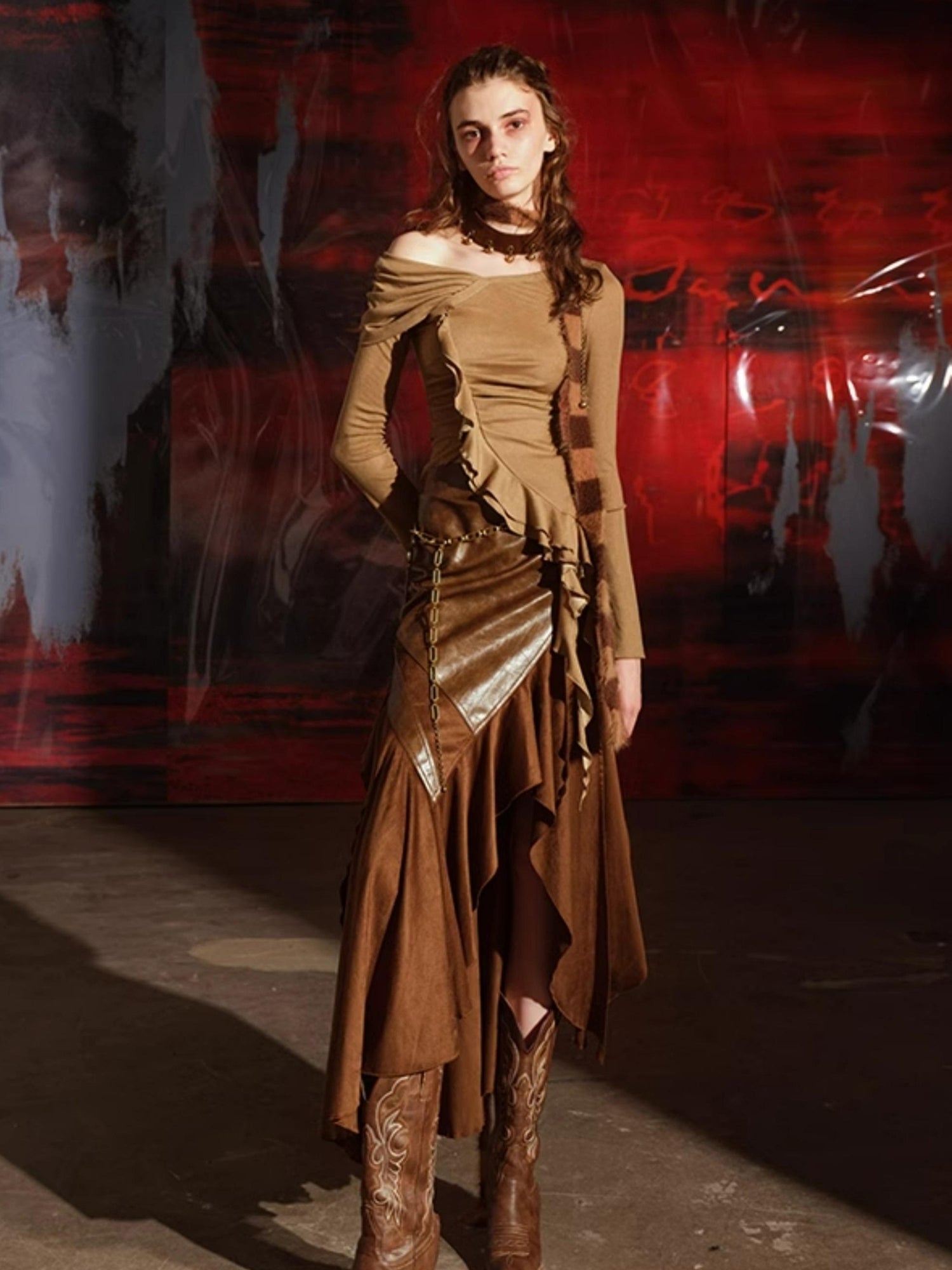 UpdateNN NORTH NODE Adonis Fish Irregular Patchwork Suede Midi Skirt