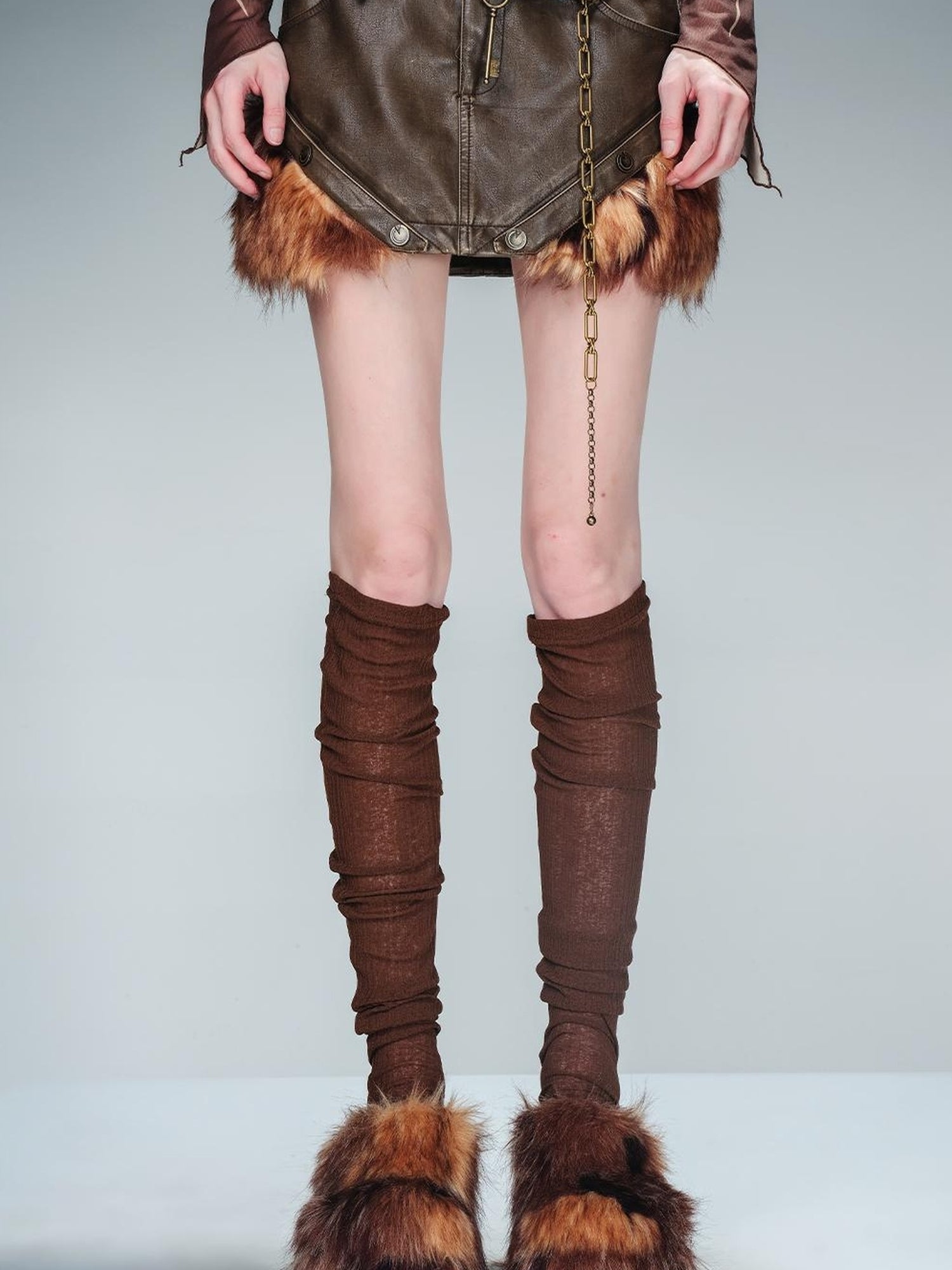 NN NORTH NODE Alternating Border Washed Leather Patchwork Shearling Skirt