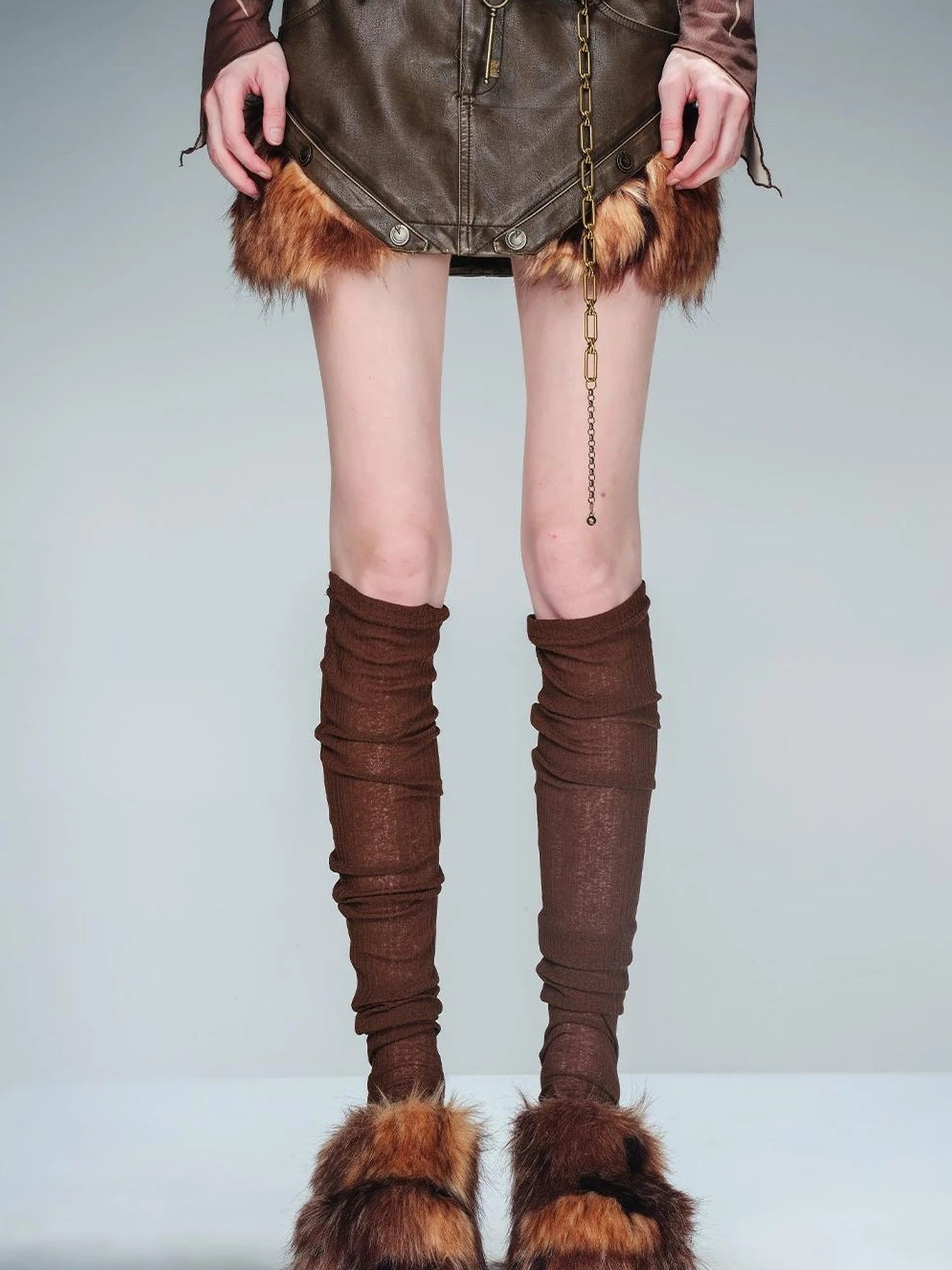 Alternating Border Washed Leather Patchwork Shearling Skirt