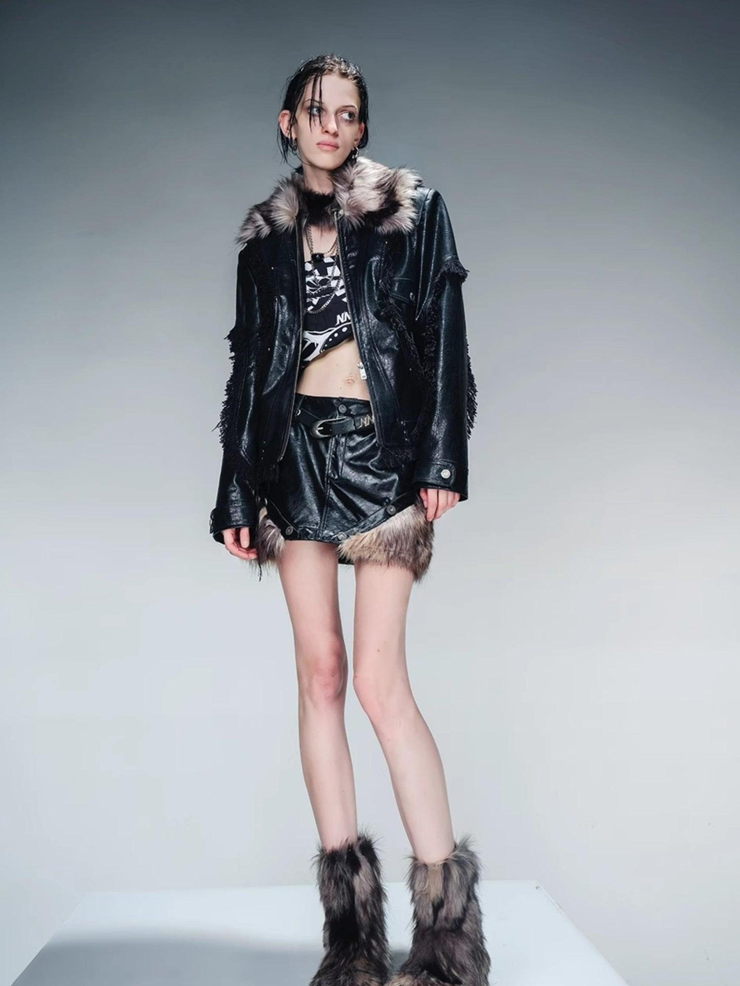 NN NORTH NODE Alternating Border Washed Leather Patchwork Shearling Skirt