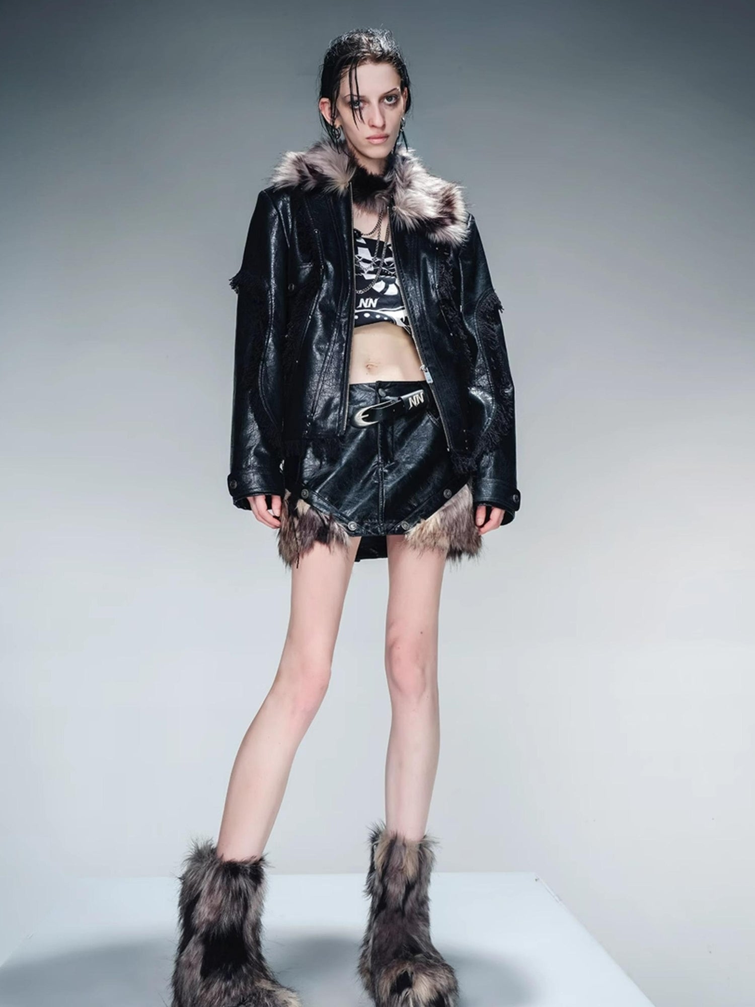 NN NORTH NODE Alternating Border Washed Leather Patchwork Shearling Skirt