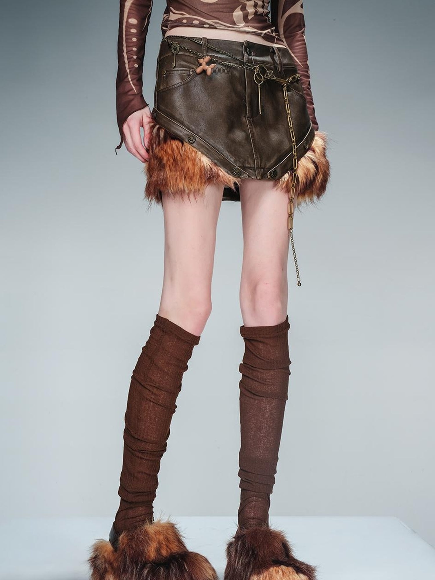 NN NORTH NODE Alternating Border Washed Leather Patchwork Shearling Skirt