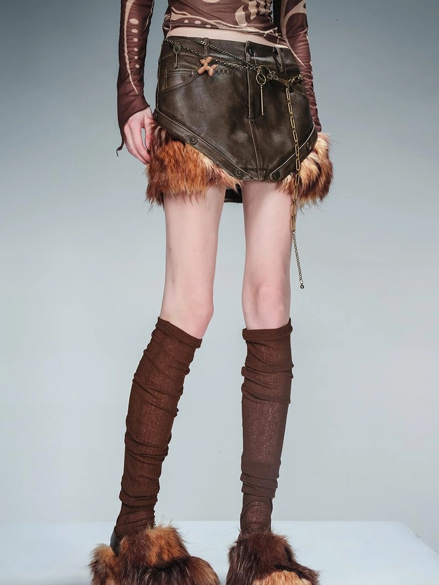 Alternating Border Washed Leather Patchwork Shearling Skirt