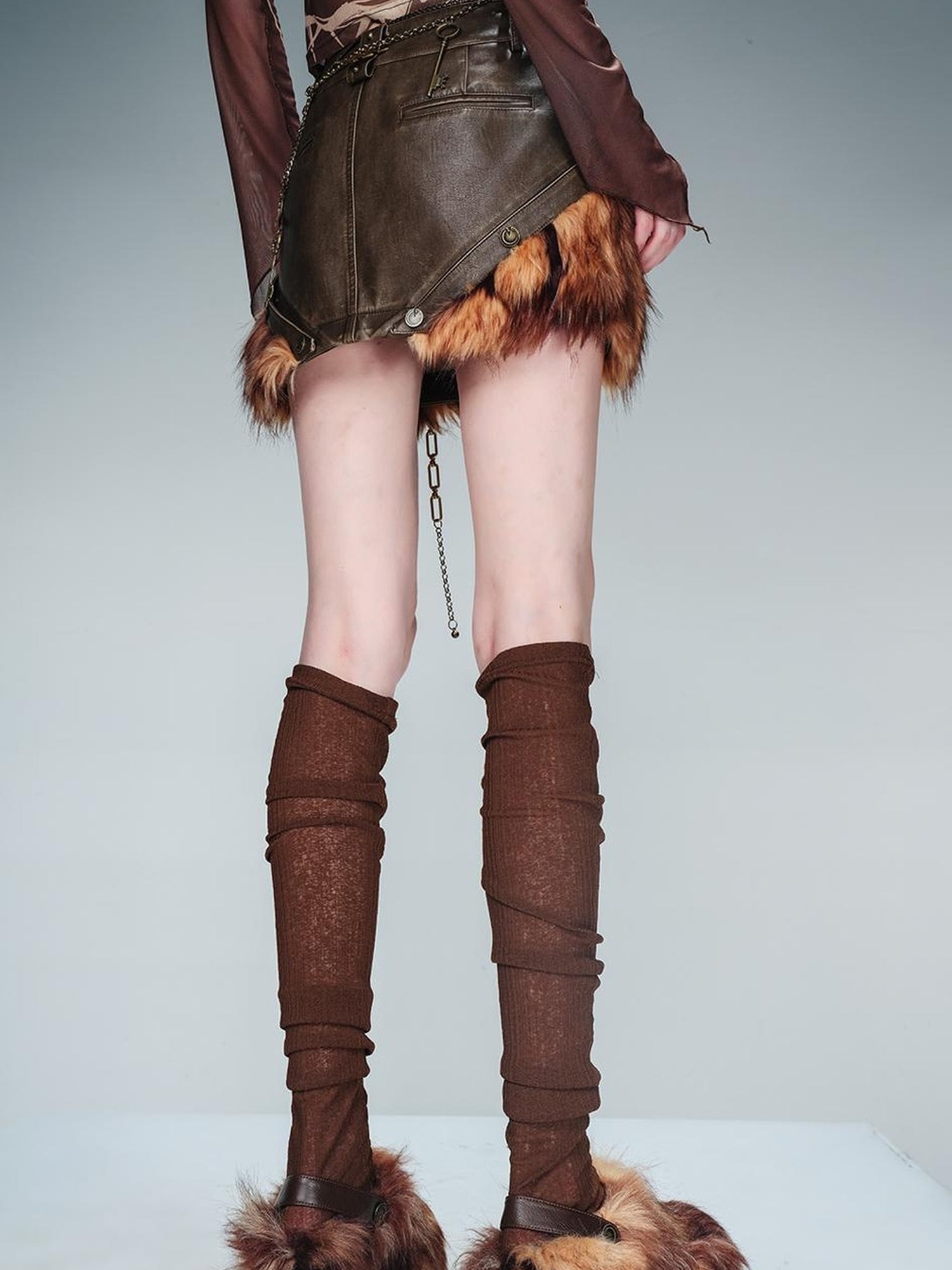 NN NORTH NODE Alternating Border Washed Leather Patchwork Shearling Skirt
