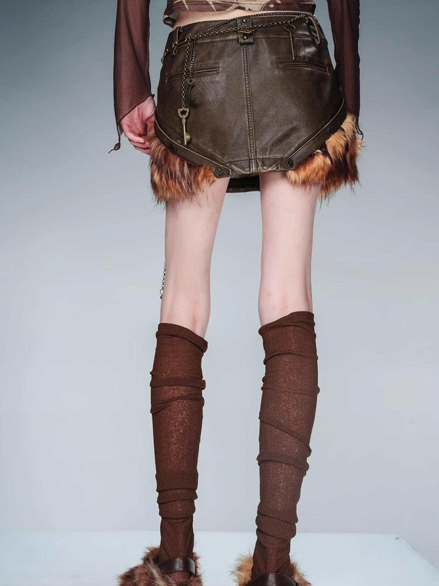 NN NORTH NODE Alternating Border Washed Leather Patchwork Shearling Skirt