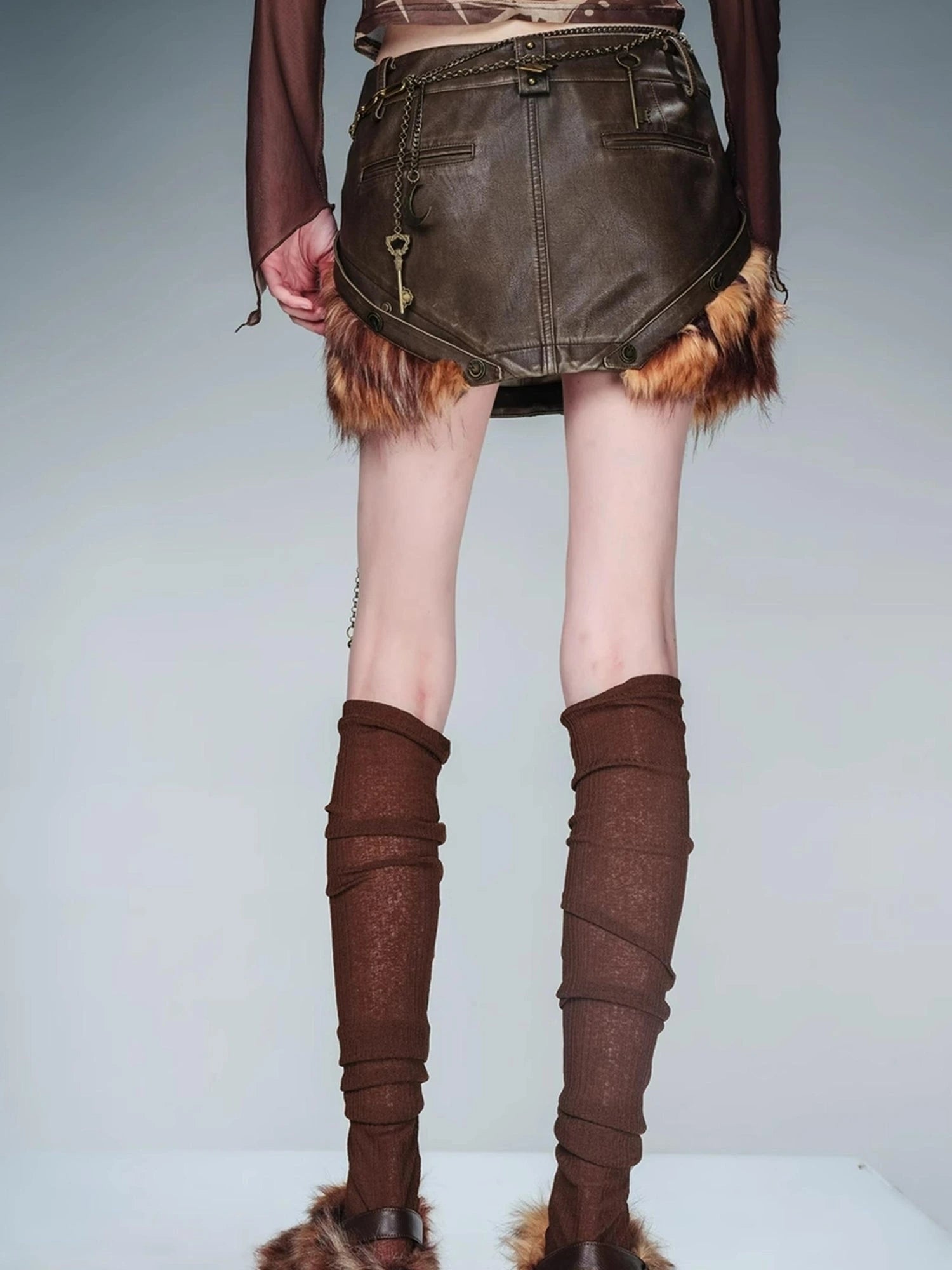 Alternating Border Washed Leather Patchwork Shearling Skirt