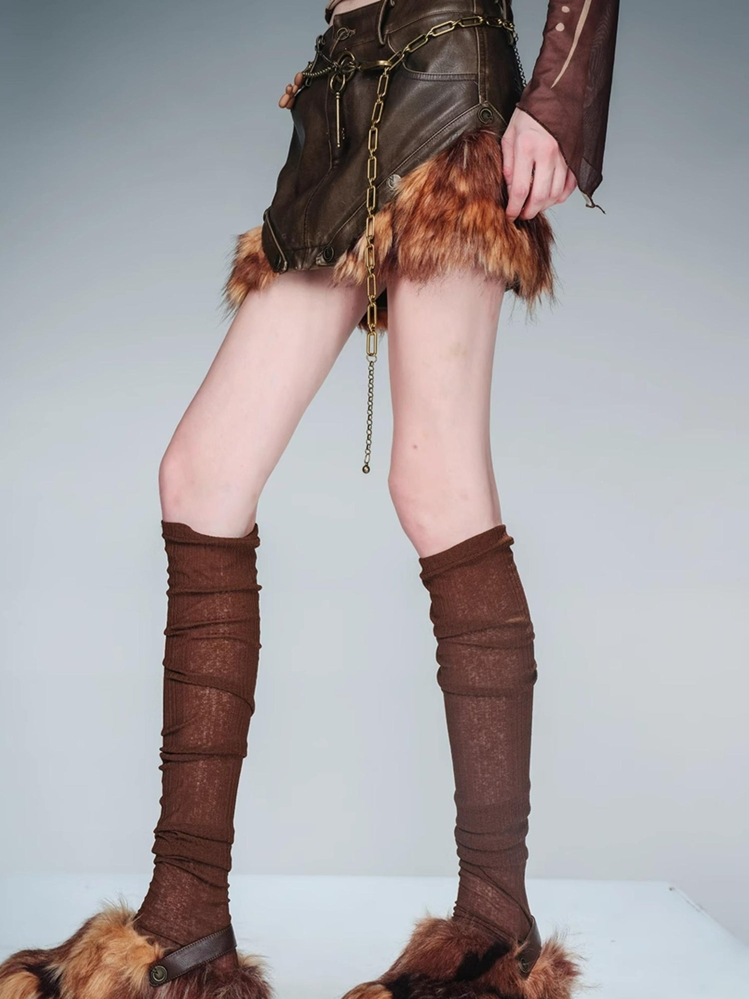 NN NORTH NODE Alternating Border Washed Leather Patchwork Shearling Skirt