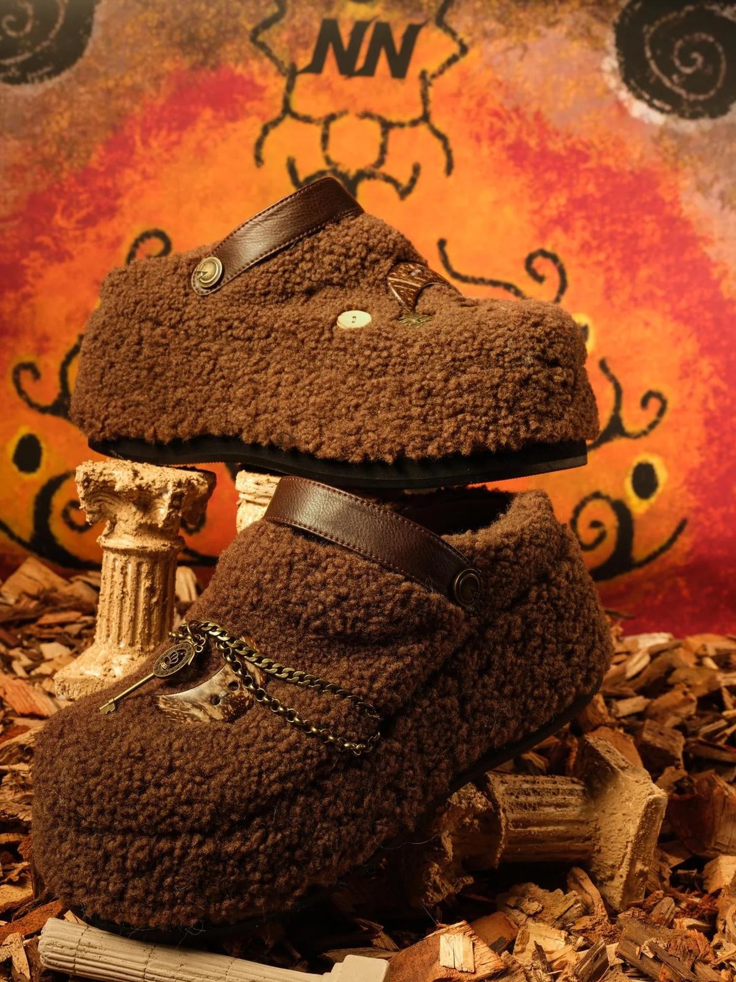 Ankh Platform Shearling Slide Sandals