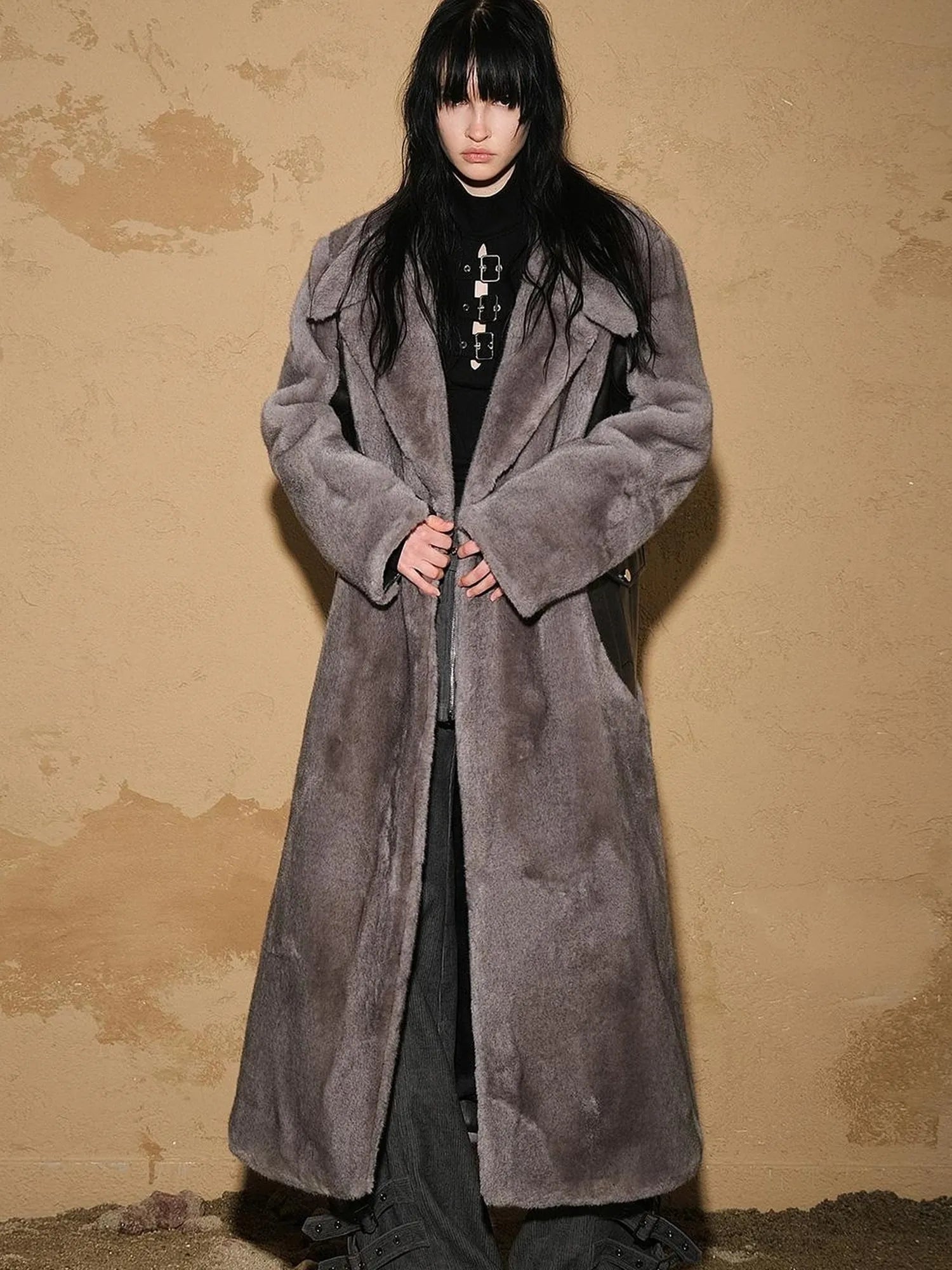 Astrological Patchwork Plush Long Coat V-neck T-shirt Long Sleeve