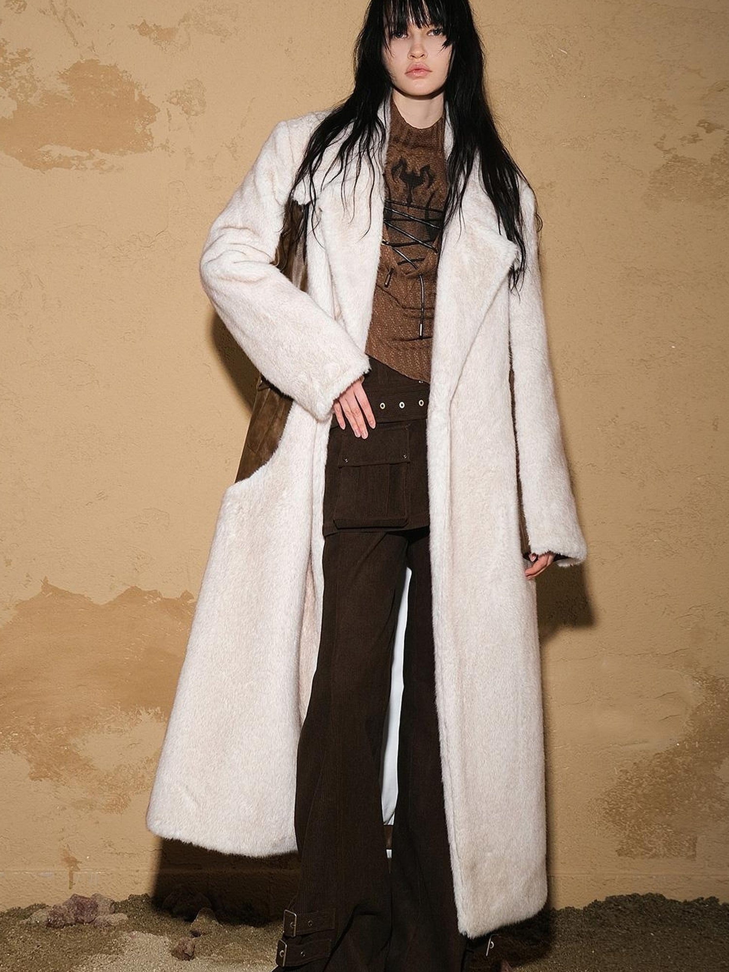 UpdateNN NORTH NODE Astrological Patchwork Plush Long Coat V-neck T-shirt Long Sleeve