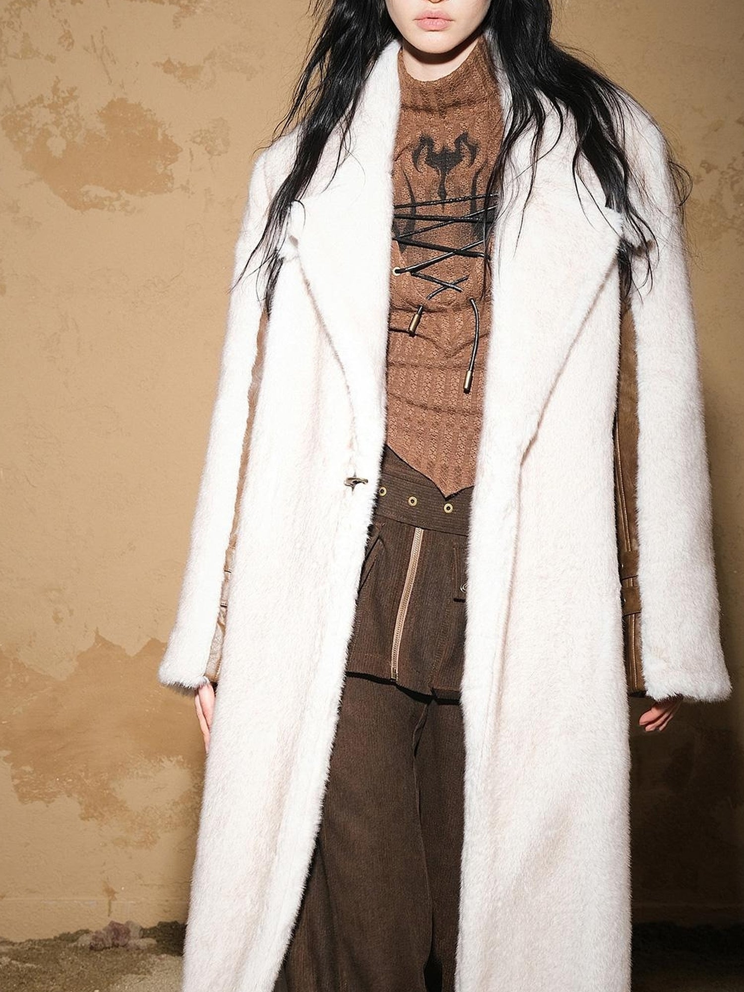 UpdateNN NORTH NODE Astrological Patchwork Plush Long Coat V-neck T-shirt Long Sleeve