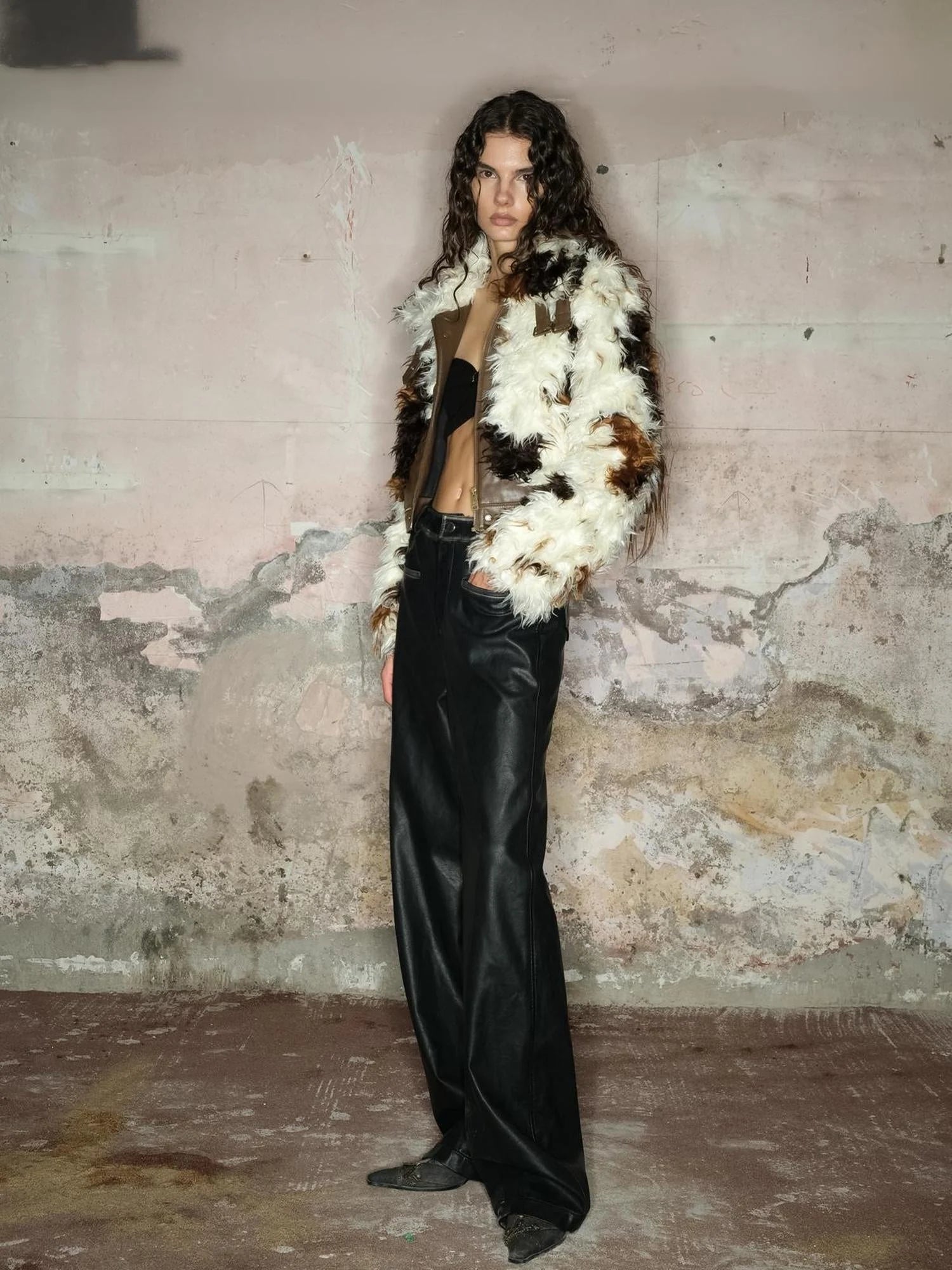 Astrological Patchwork Pu Leather Jacket V-neck T-shirt Long Sleeve