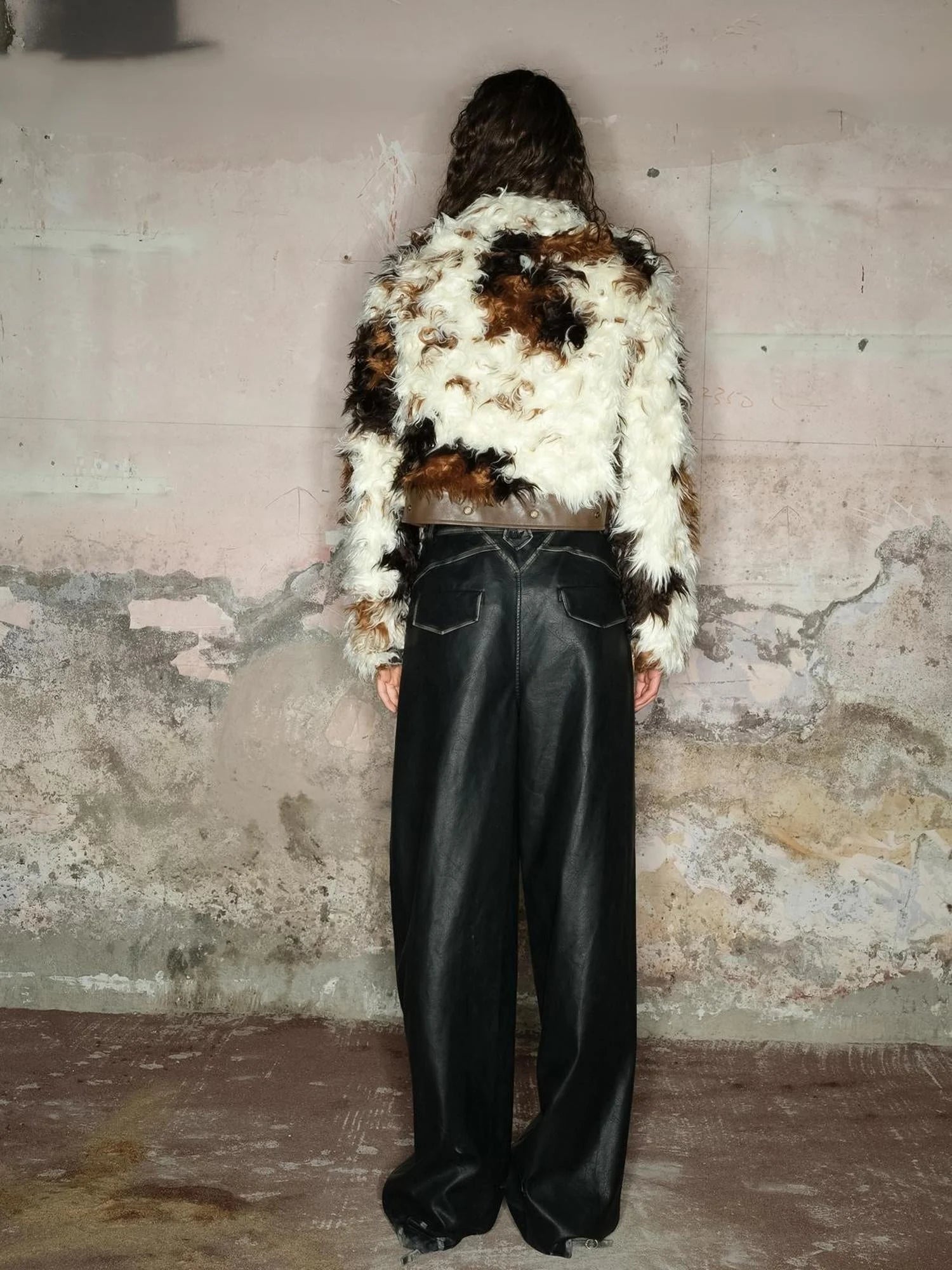 Astrological Patchwork Pu Leather Jacket V-neck T-shirt Long Sleeve