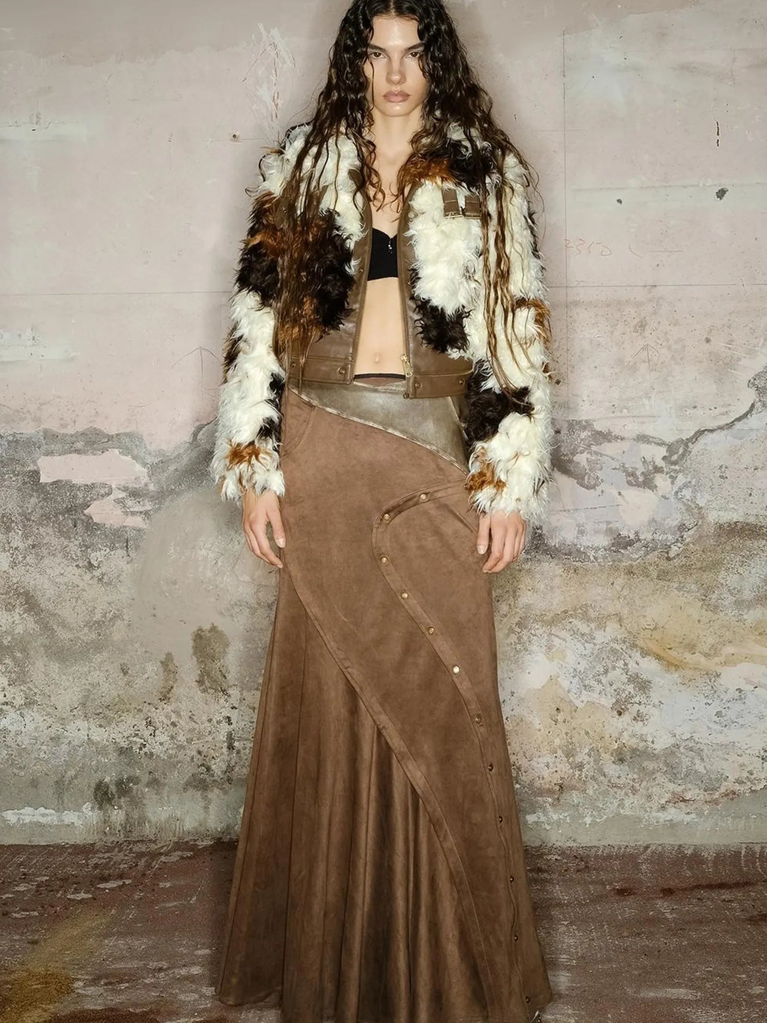 Astrological Patchwork Pu Leather Jacket V-neck T-shirt Long Sleeve