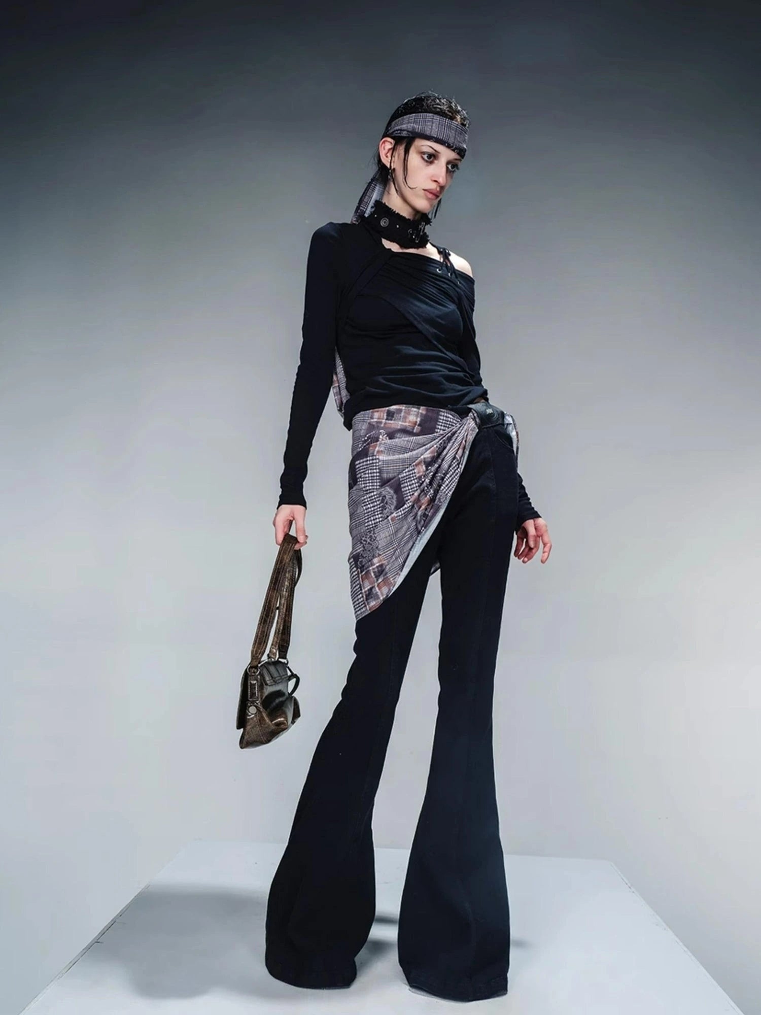 Asymmetric Neckline Ribbed Stretch Top V-neck T-shirt Long Sleeve