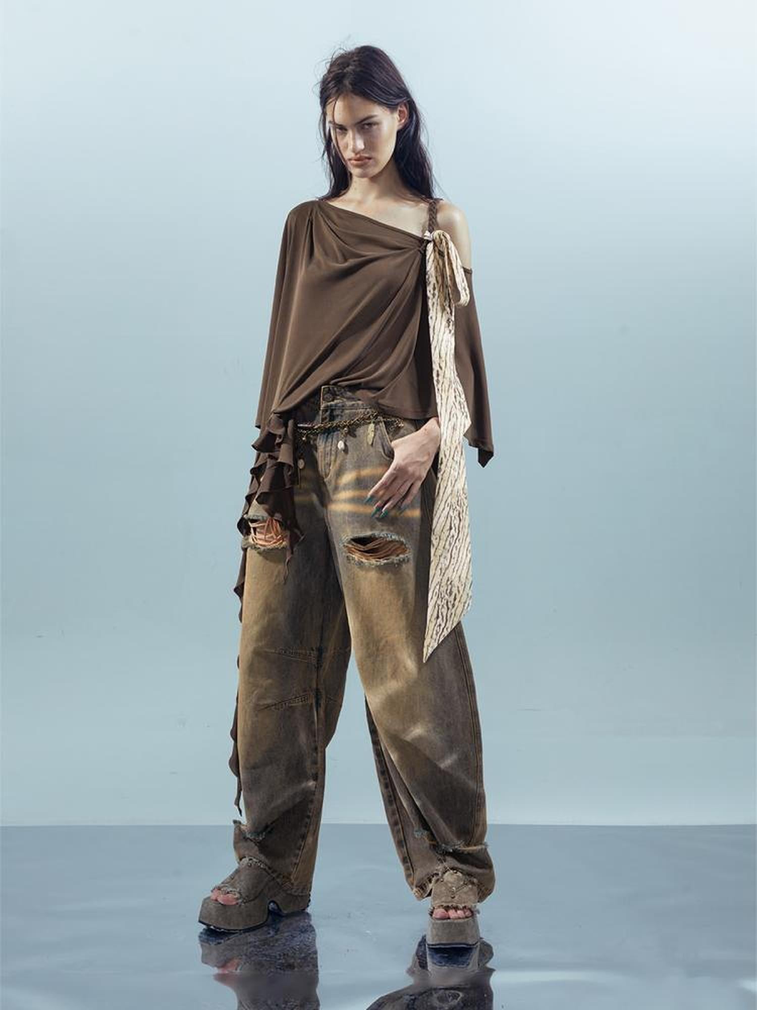UpdateNN NORTH NODE Asymmetrical Ruffle One Shoulder Top