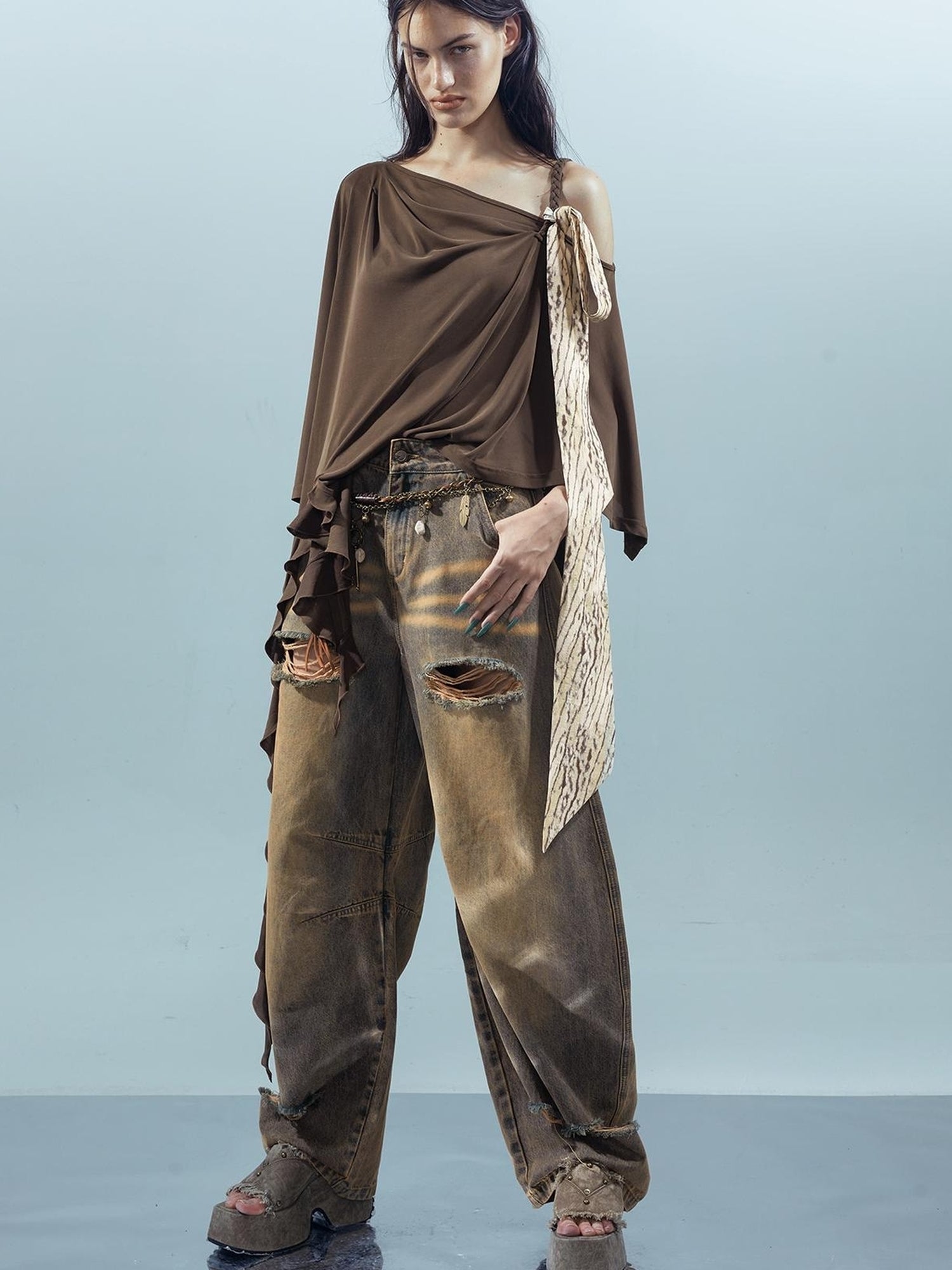 UpdateNN NORTH NODE Asymmetrical Ruffle One Shoulder Top