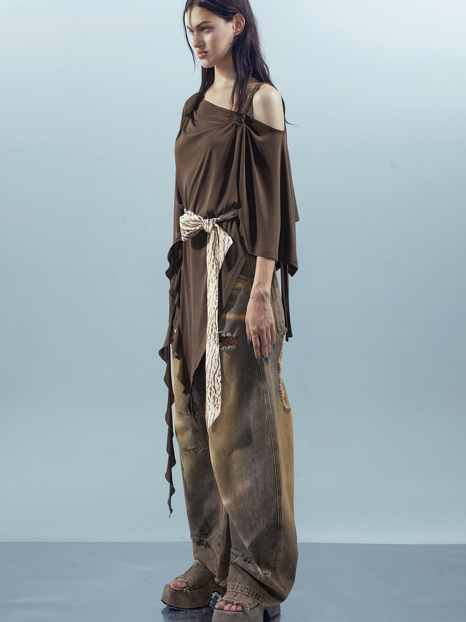 UpdateNN NORTH NODE Asymmetrical Ruffle One Shoulder Top